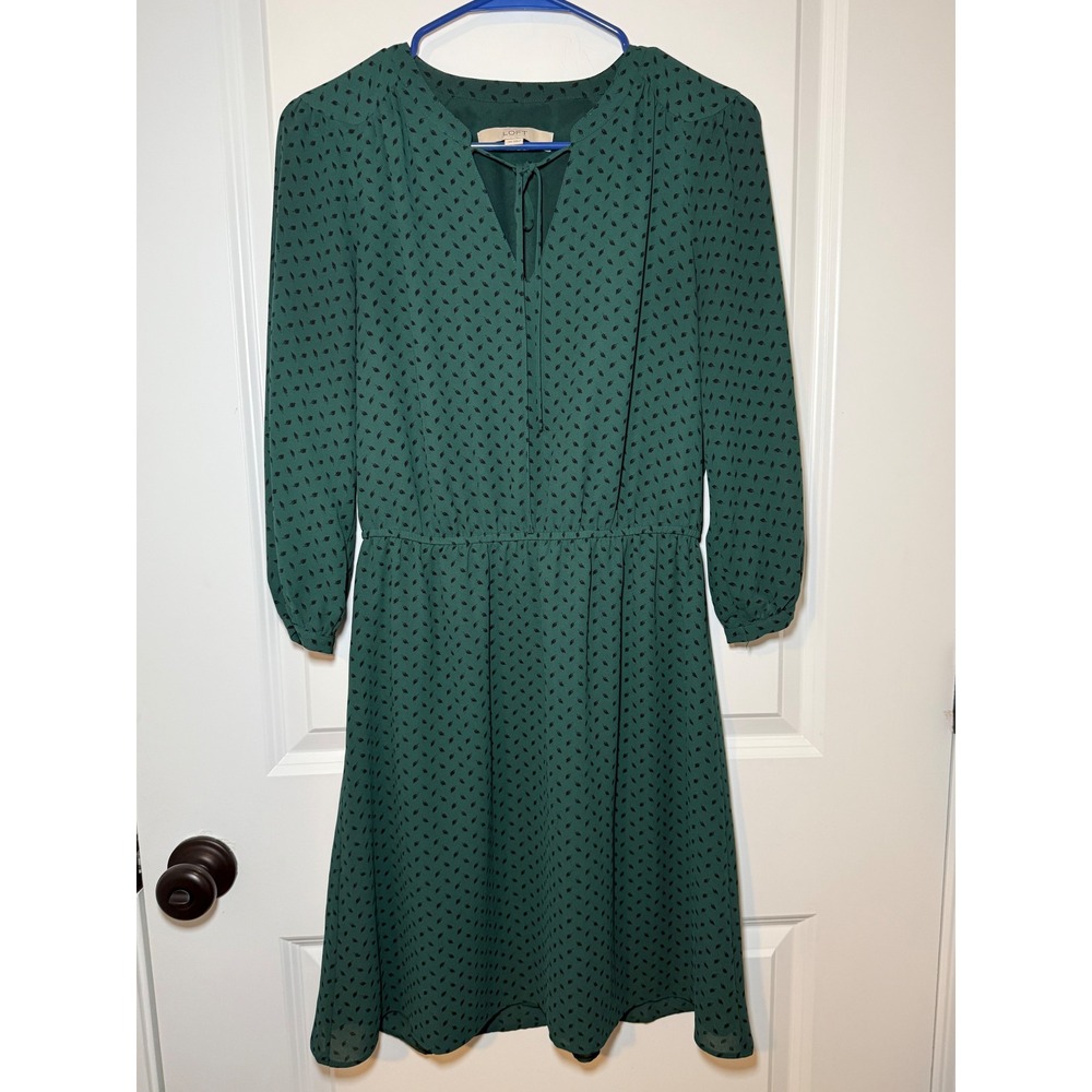 Loft Green Leaf Print Long Sleeve Tie Neck Elastic‎ Waist Dress Womens XS